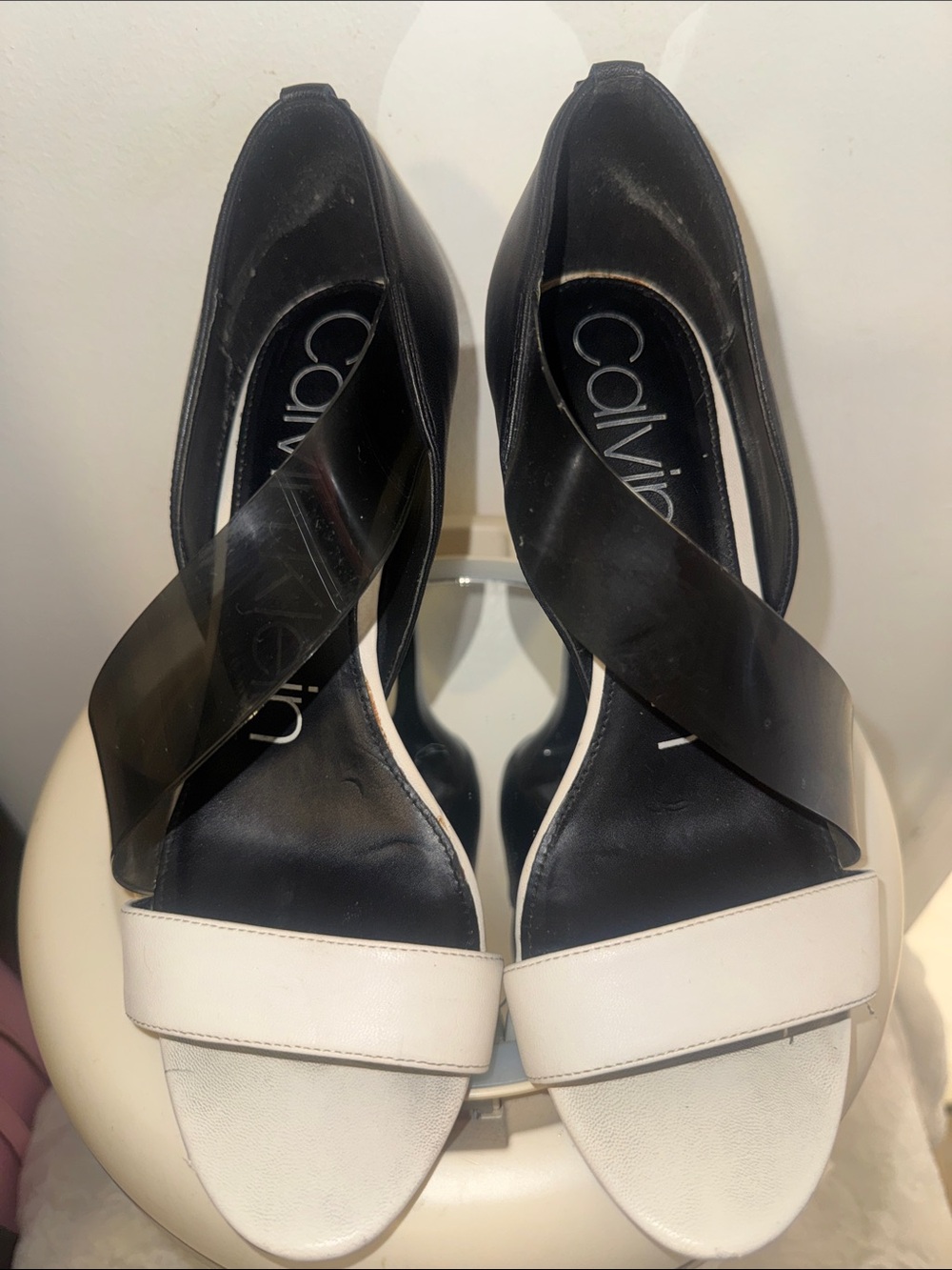 Calvin Klein Black and White Crisscross Open-Toe Heels
